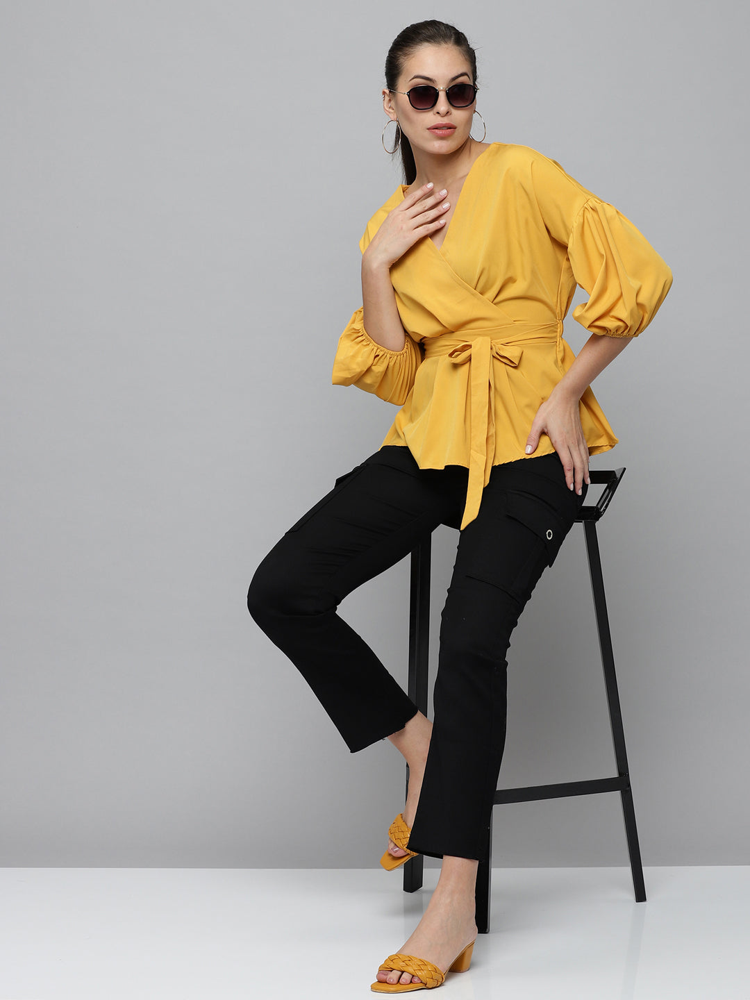 Women V-Neck Solid Mustard Peplum Top