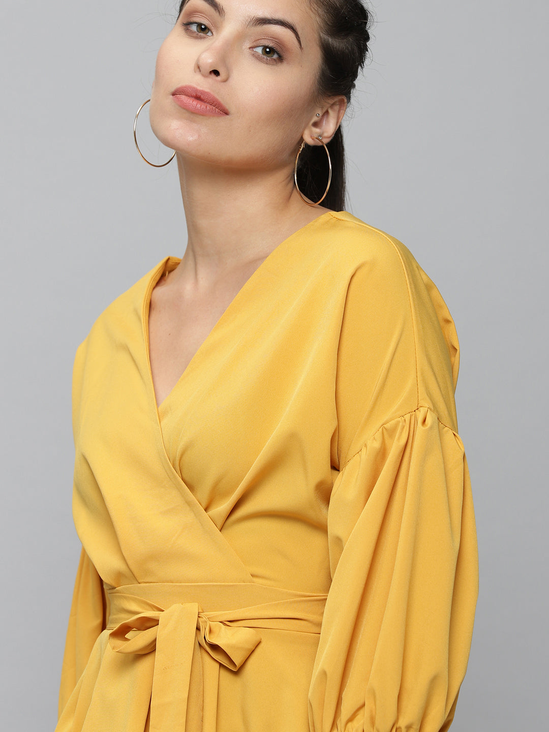 Women V-Neck Solid Mustard Peplum Top