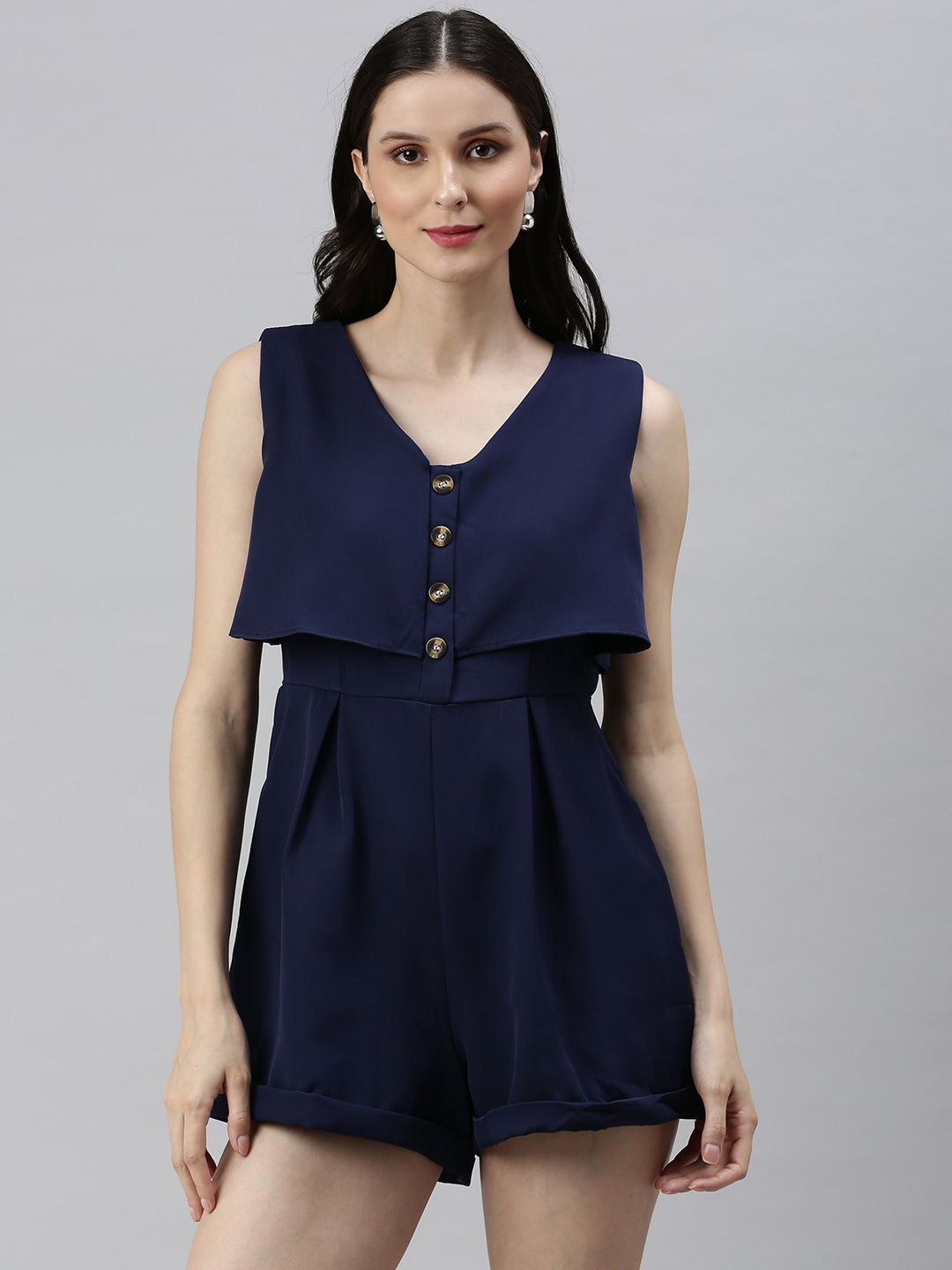 Women V-Neck Solid Navy Blue Playsuit