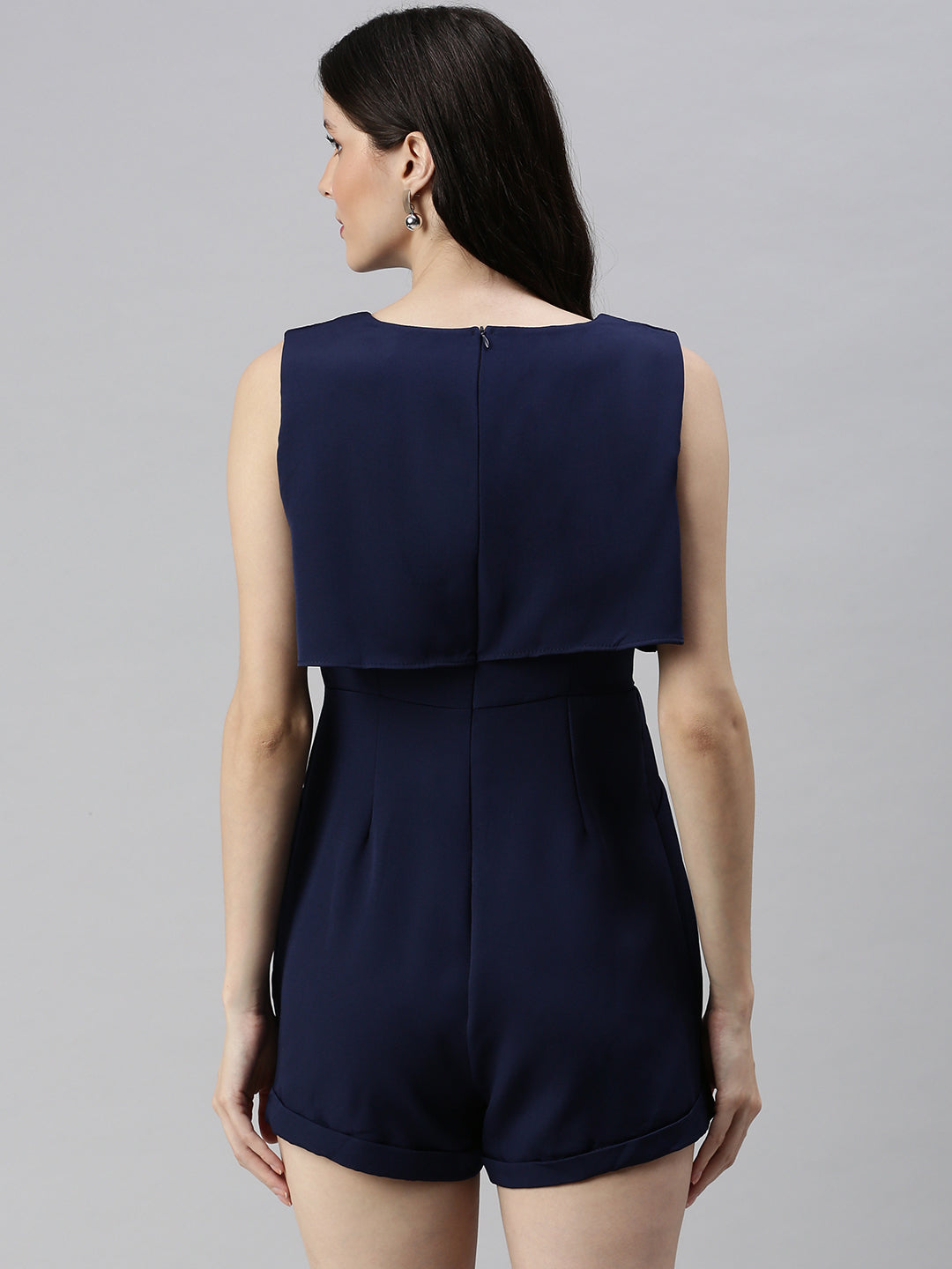 Women V-Neck Solid Navy Blue Playsuit