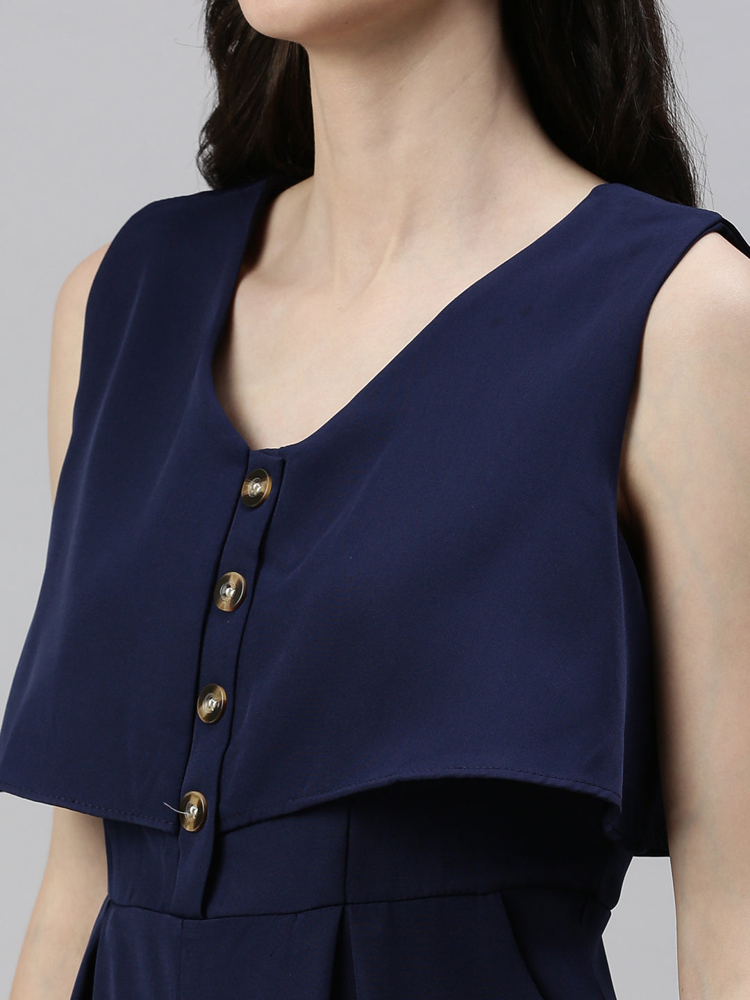 Women V-Neck Solid Navy Blue Playsuit