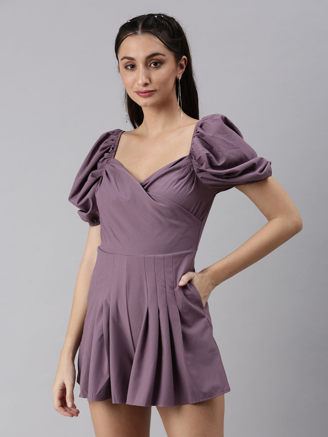 Women Sweetheart Neck Solid Purple Playsuit