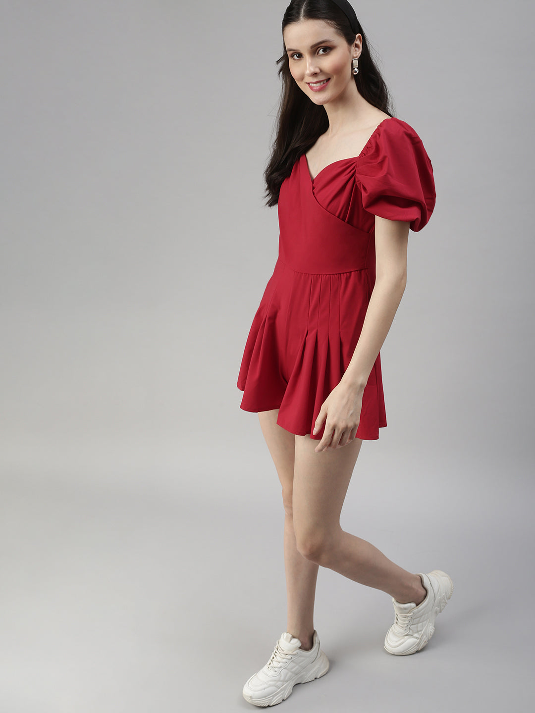 Women Sweetheart Neck Solid Red Playsuit