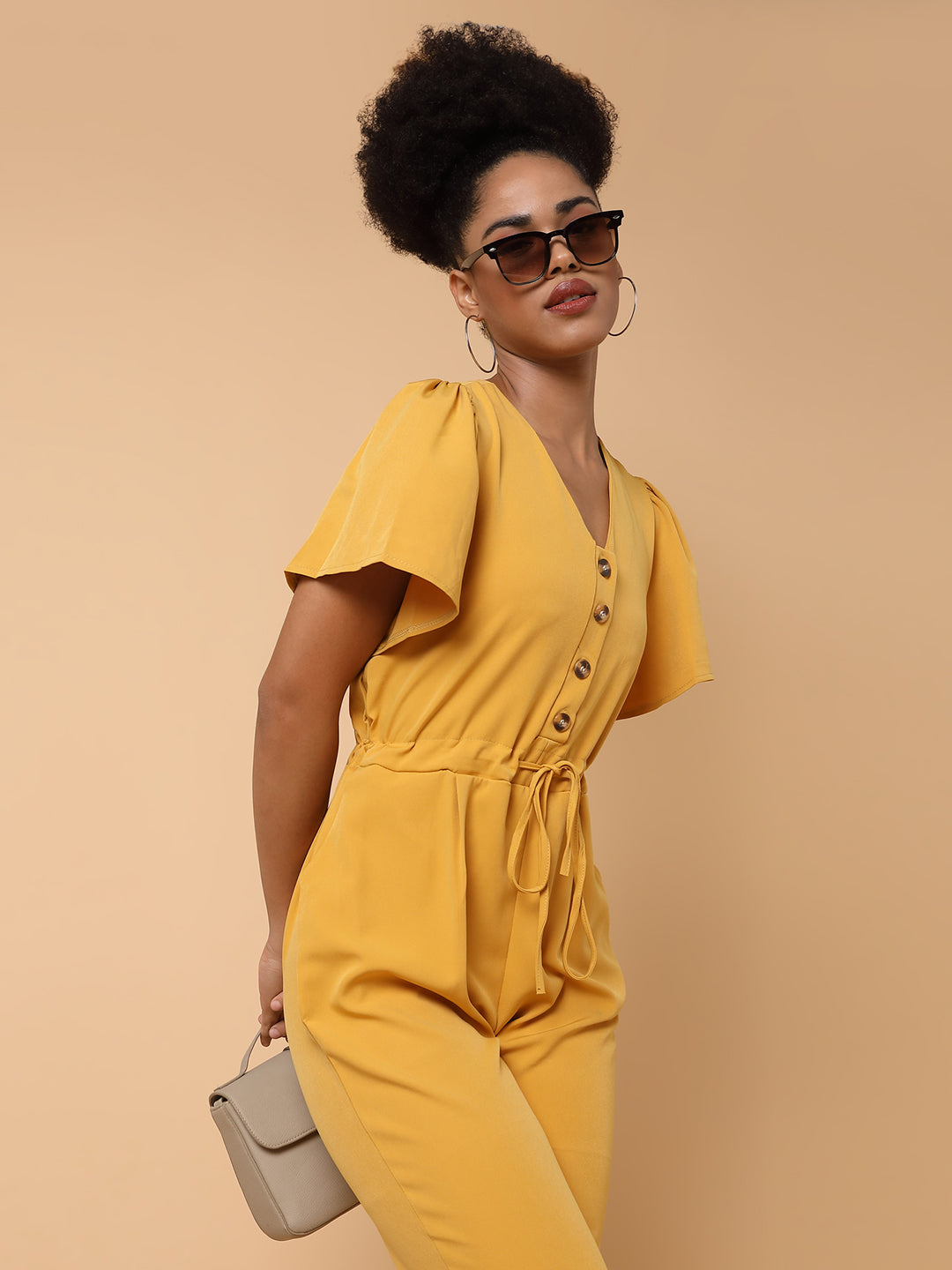 Women V-Neck Solid Yellow Basic Jumpsuit