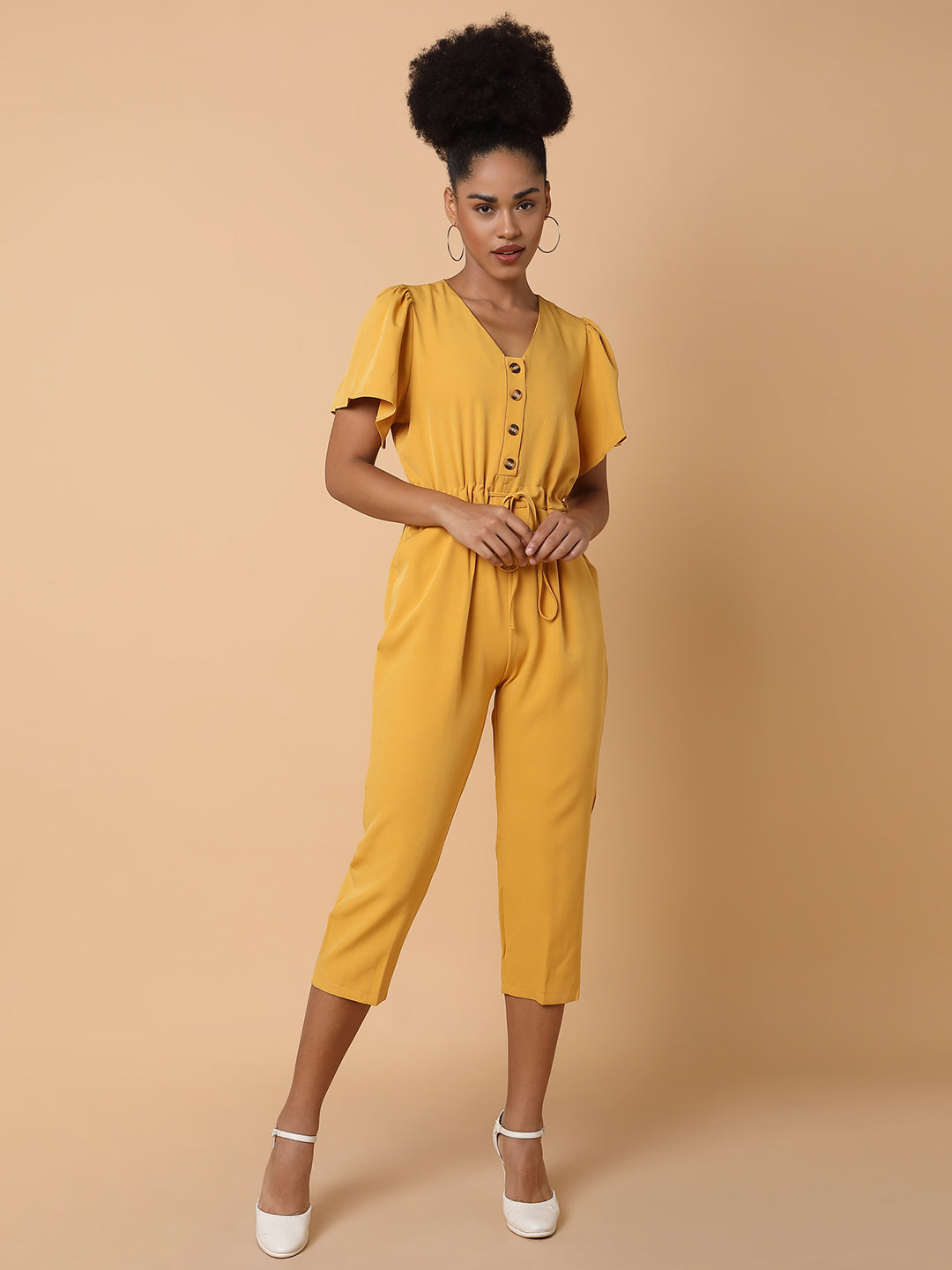 Women V-Neck Solid Yellow Basic Jumpsuit