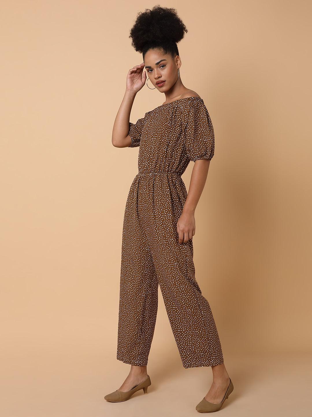 Women Off-Shoulder Printed Brown Basic Jumpsuit