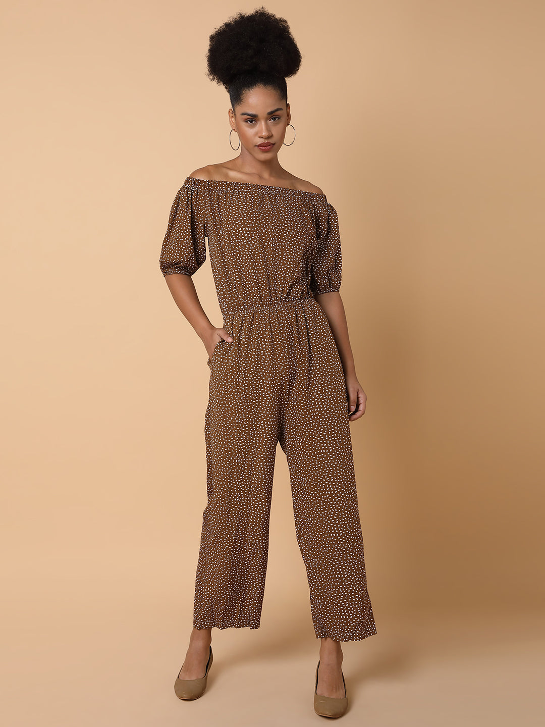 Women Off-Shoulder Printed Brown Basic Jumpsuit