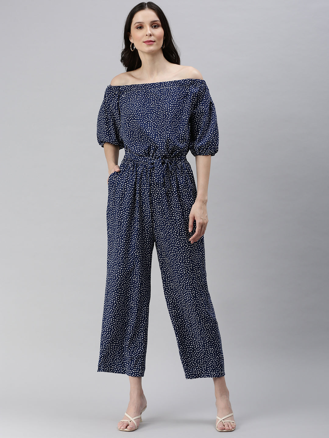 Women Off-Shoulder Printed Navy Blue Basic Jumpsuit