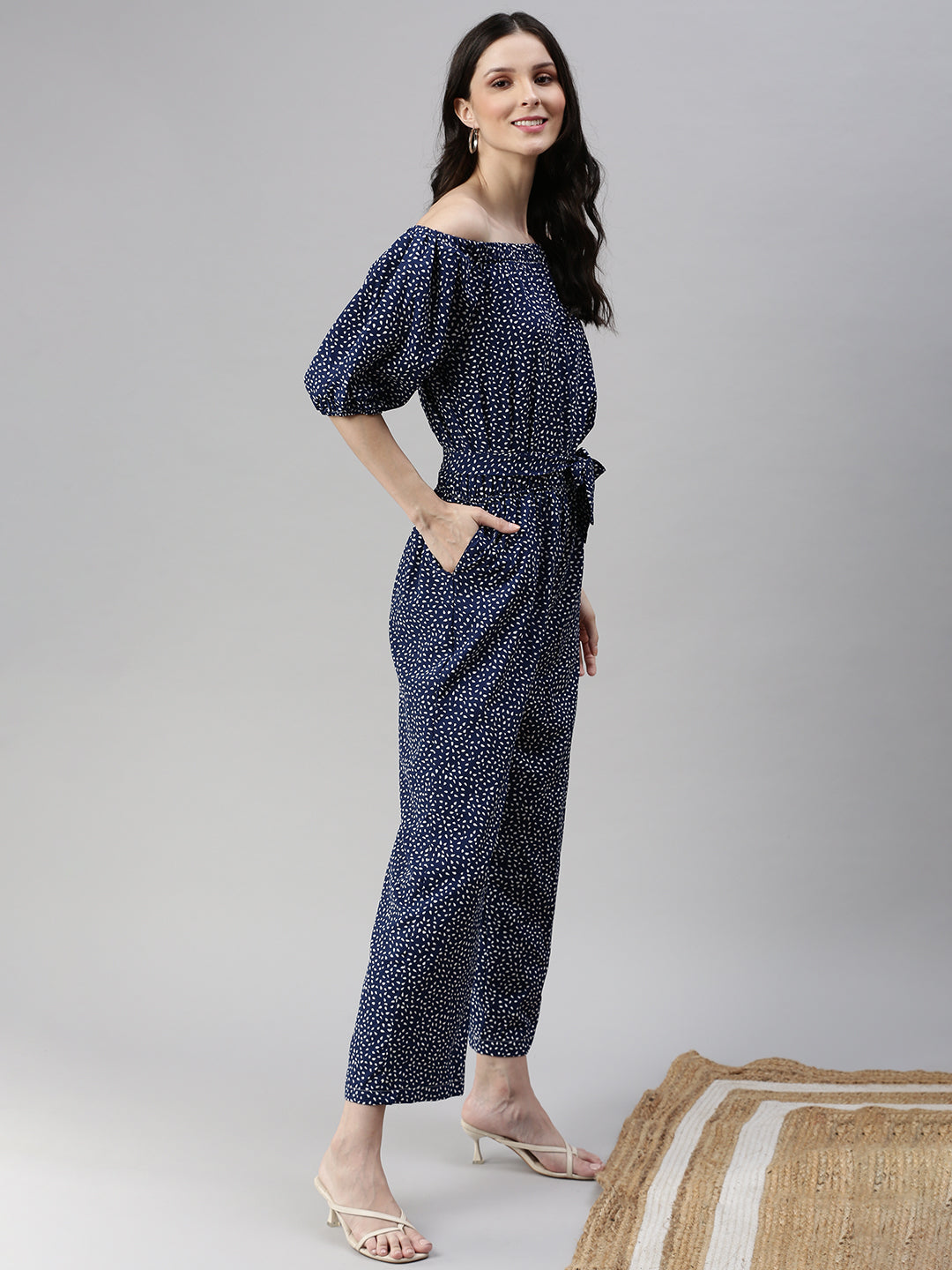 Women Off-Shoulder Printed Navy Blue Basic Jumpsuit