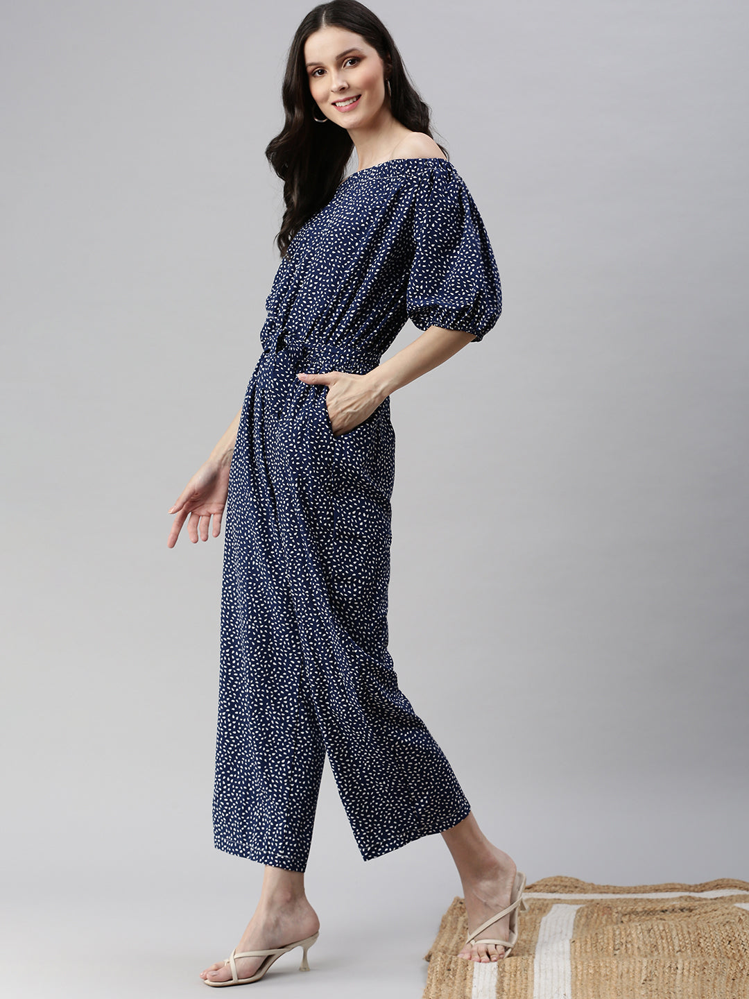 Women Off-Shoulder Printed Navy Blue Basic Jumpsuit