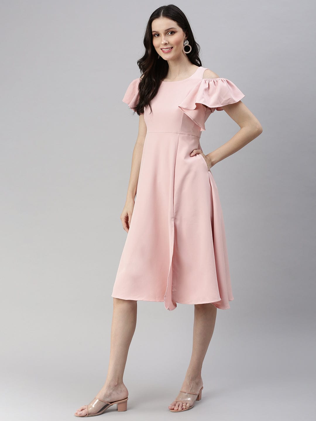 Women's Solid Fit and Flare Pink Dress