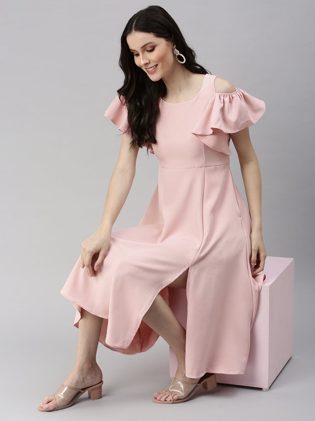 Women's Solid Fit and Flare Pink Dress