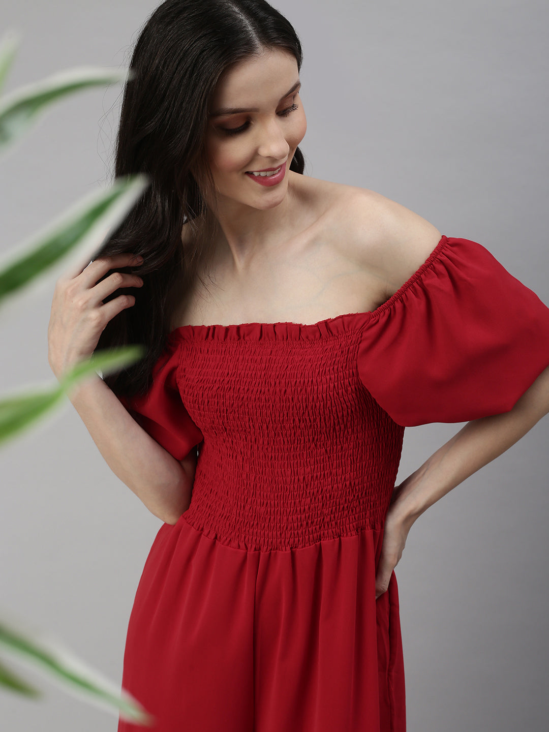 Women Off-Shoulder Solid Red Culotte Jumpsuit