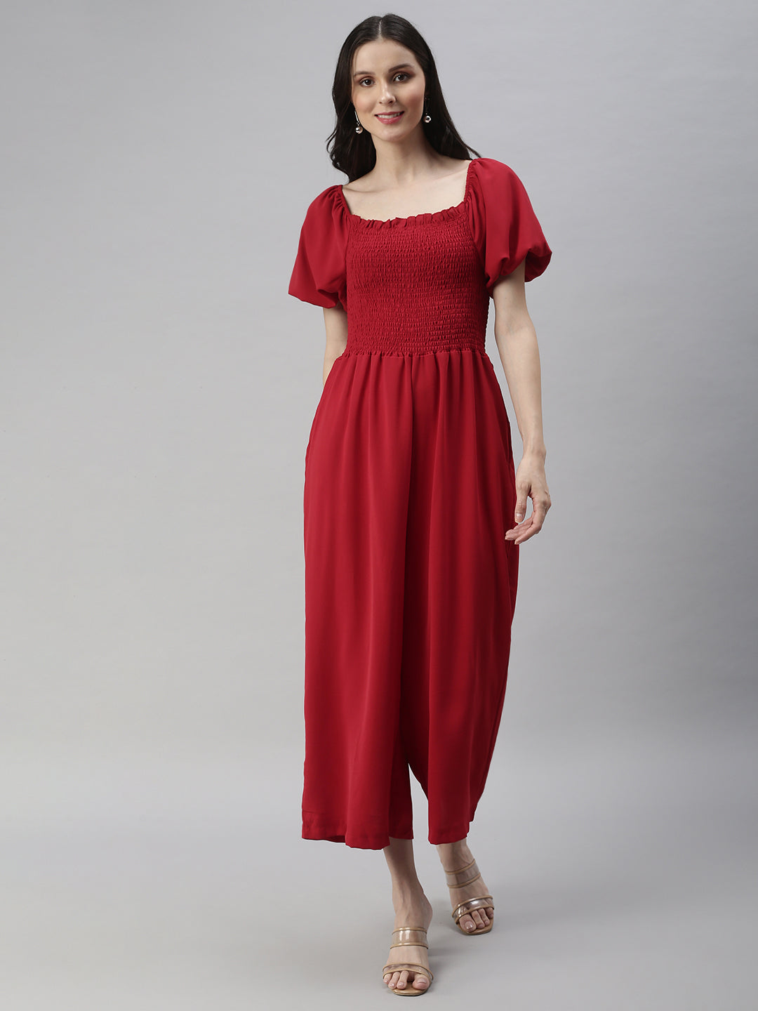 Women Off-Shoulder Solid Red Culotte Jumpsuit