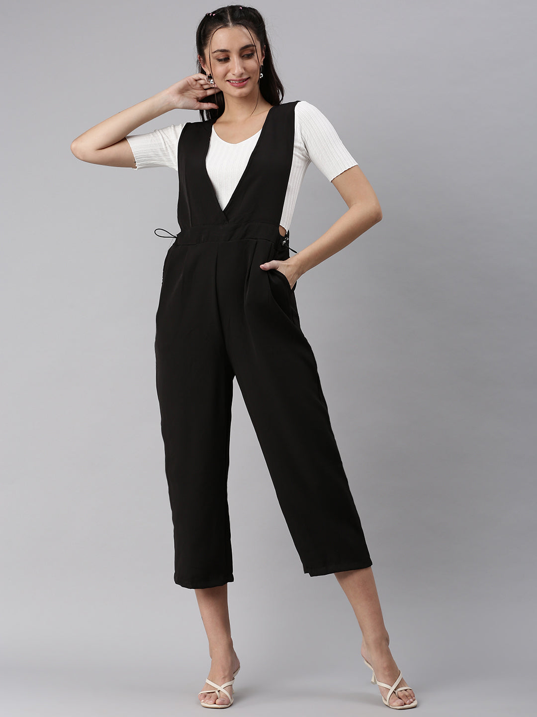 Women V-Neck Solid Black Culotte Jumpsuit