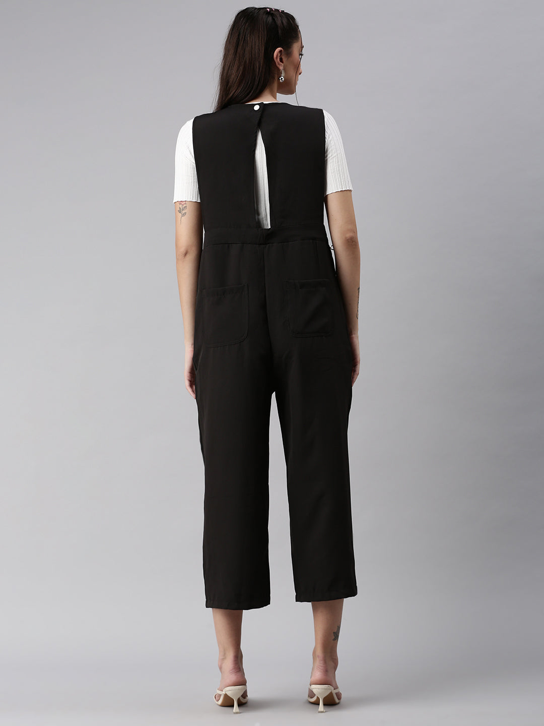 Women V-Neck Solid Black Culotte Jumpsuit