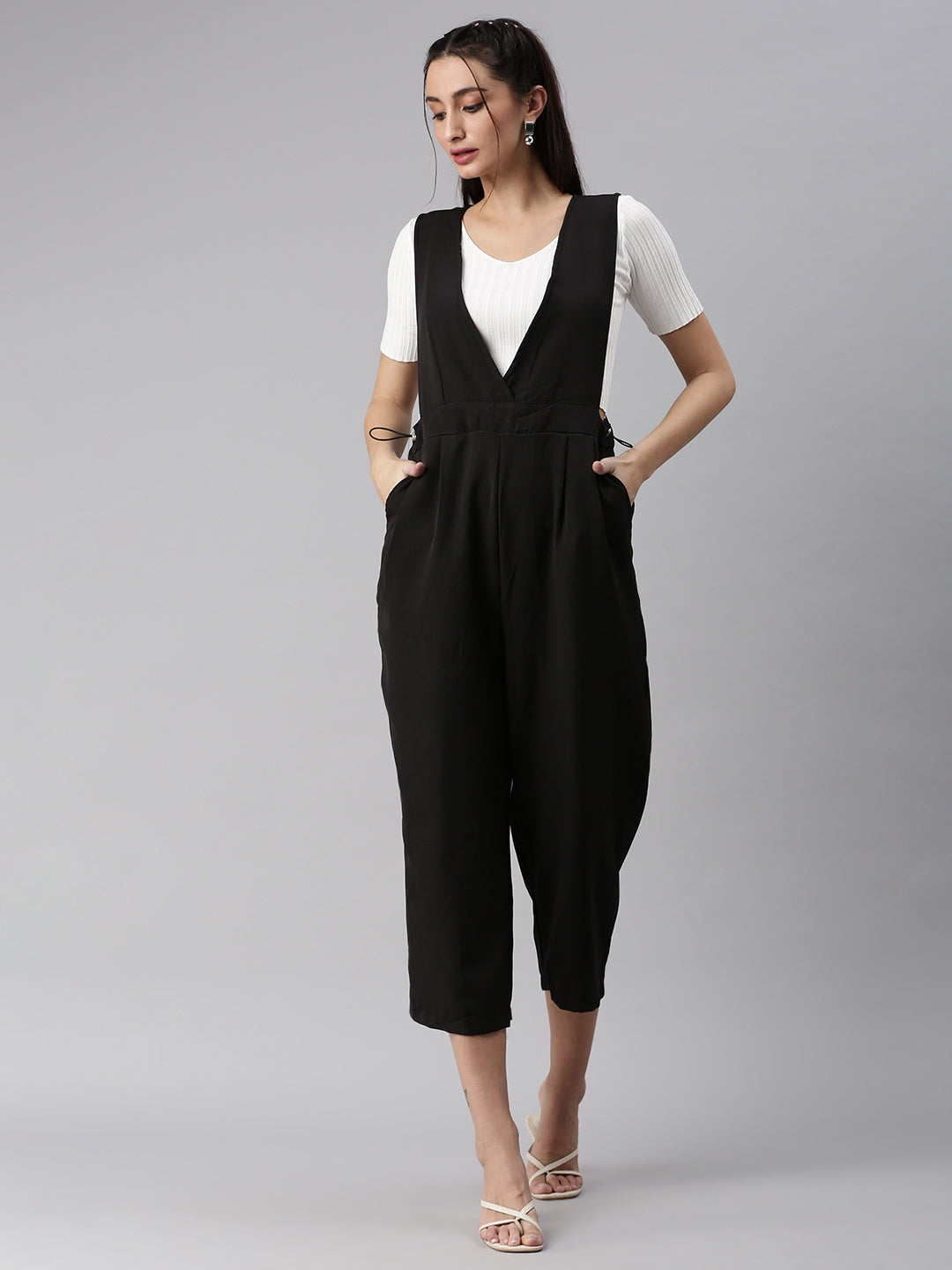 Women V-Neck Solid Black Culotte Jumpsuit