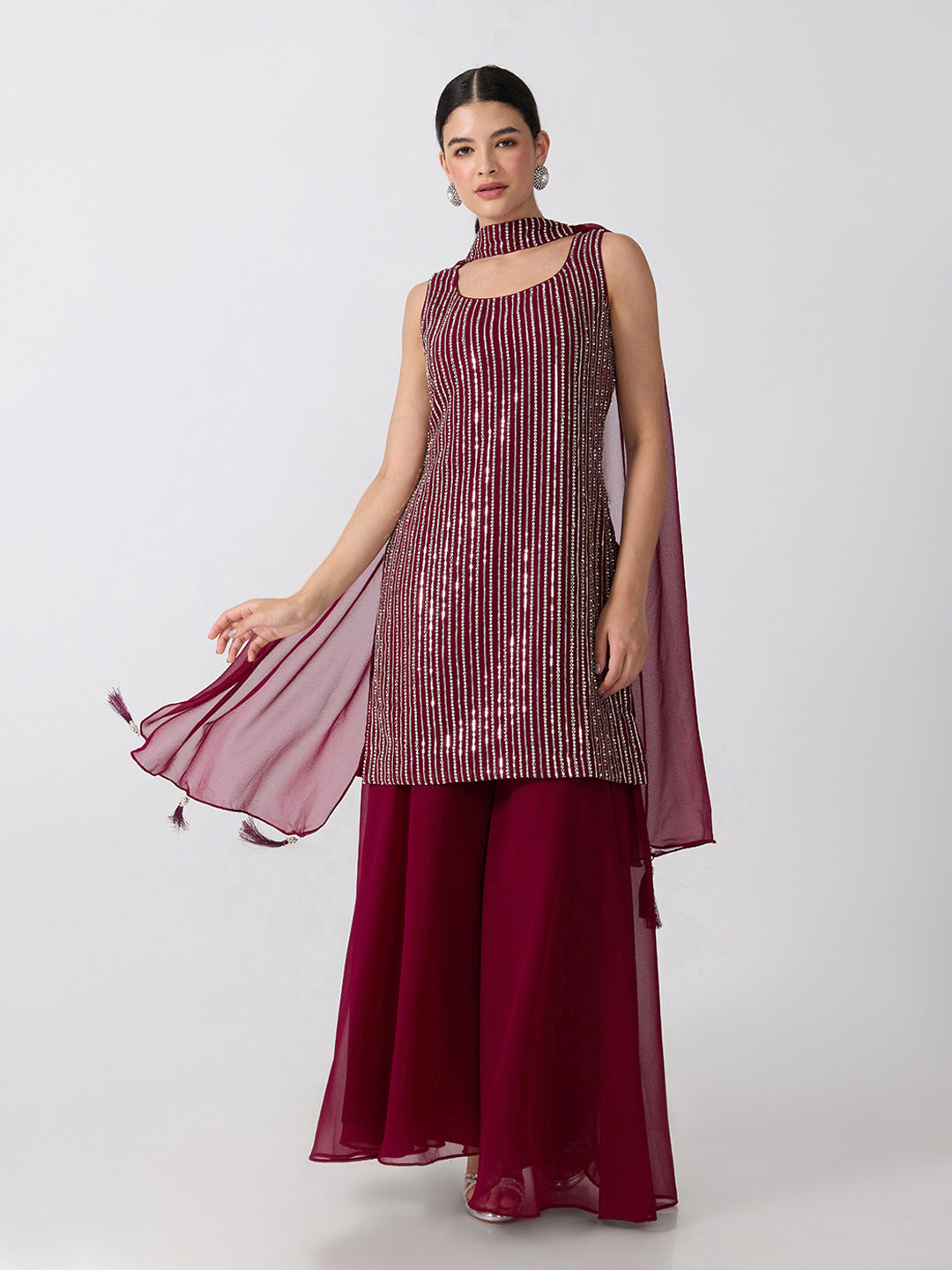 Women’s Embellished Purple Straight Kurta Set with Sequins, Palazzo Pants and Dupatta