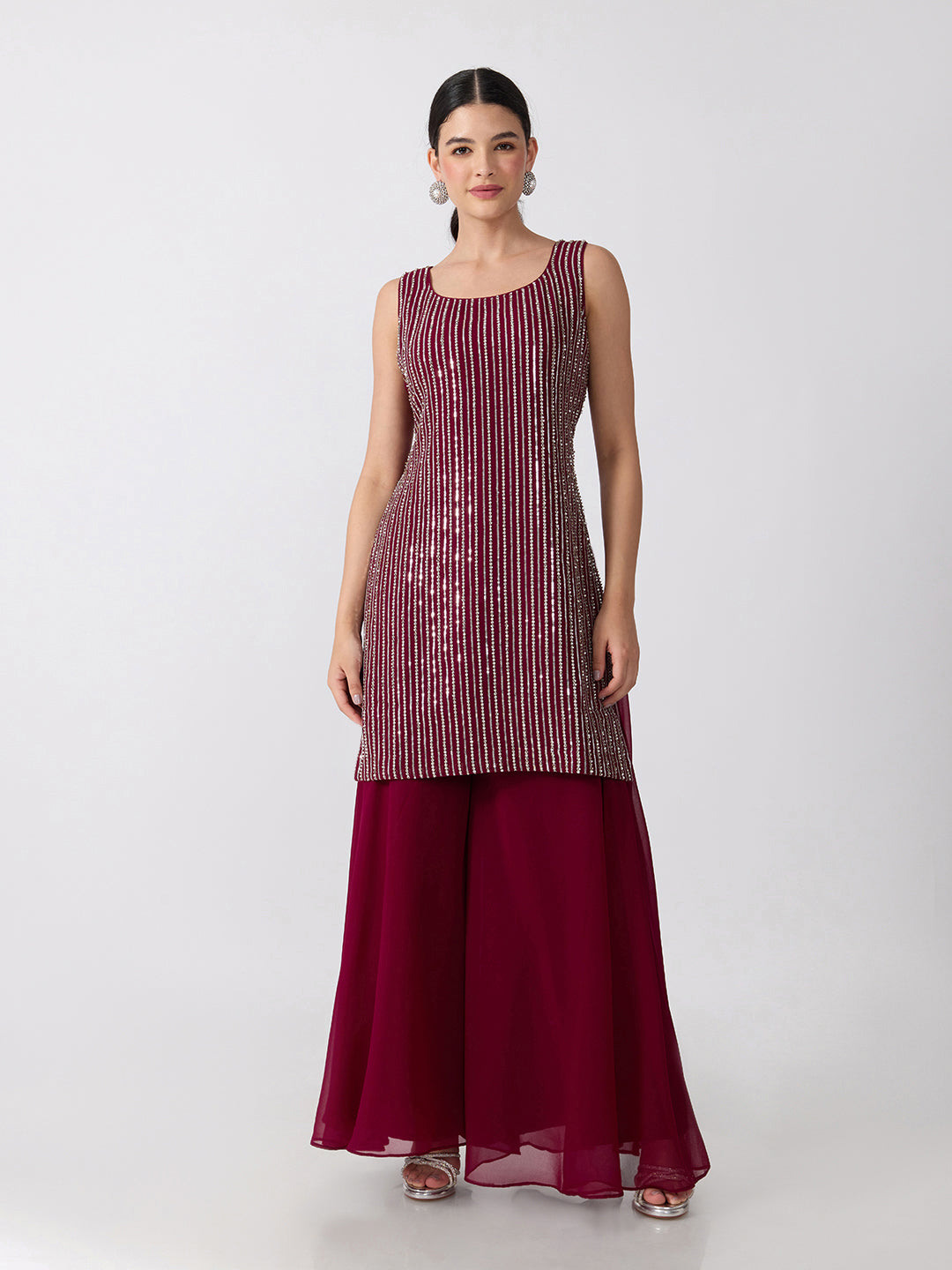 Women’s Embellished Purple Straight Kurta Set with Sequins, Palazzo Pants and Dupatta