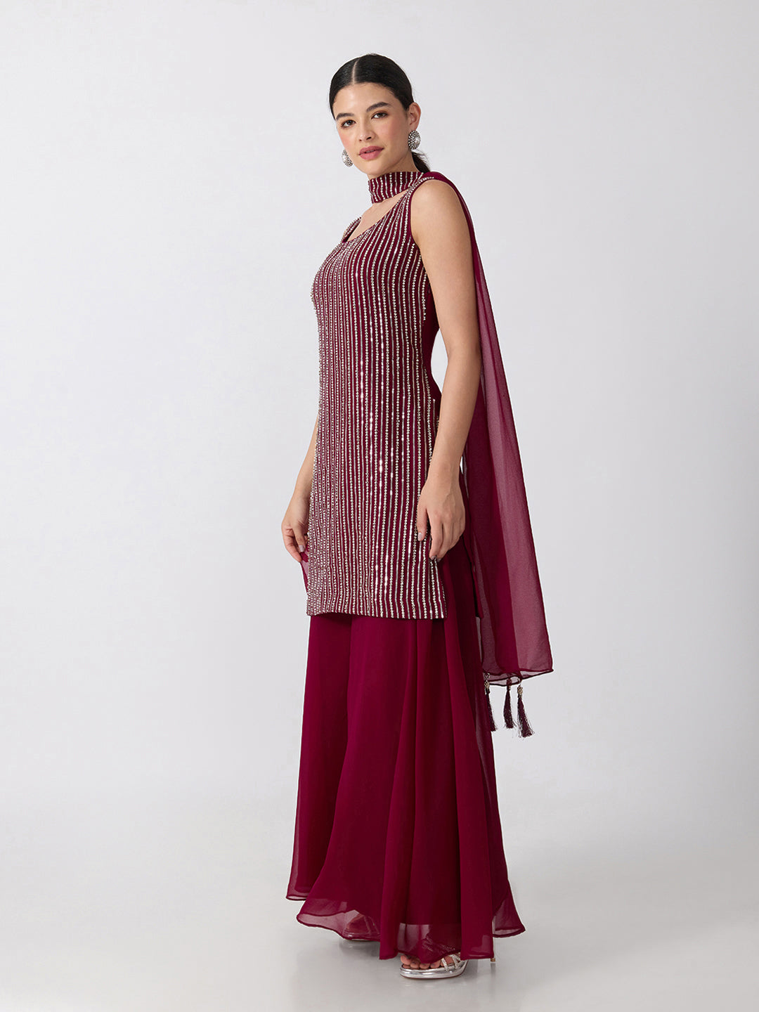 Women’s Embellished Purple Straight Kurta Set with Sequins, Palazzo Pants and Dupatta