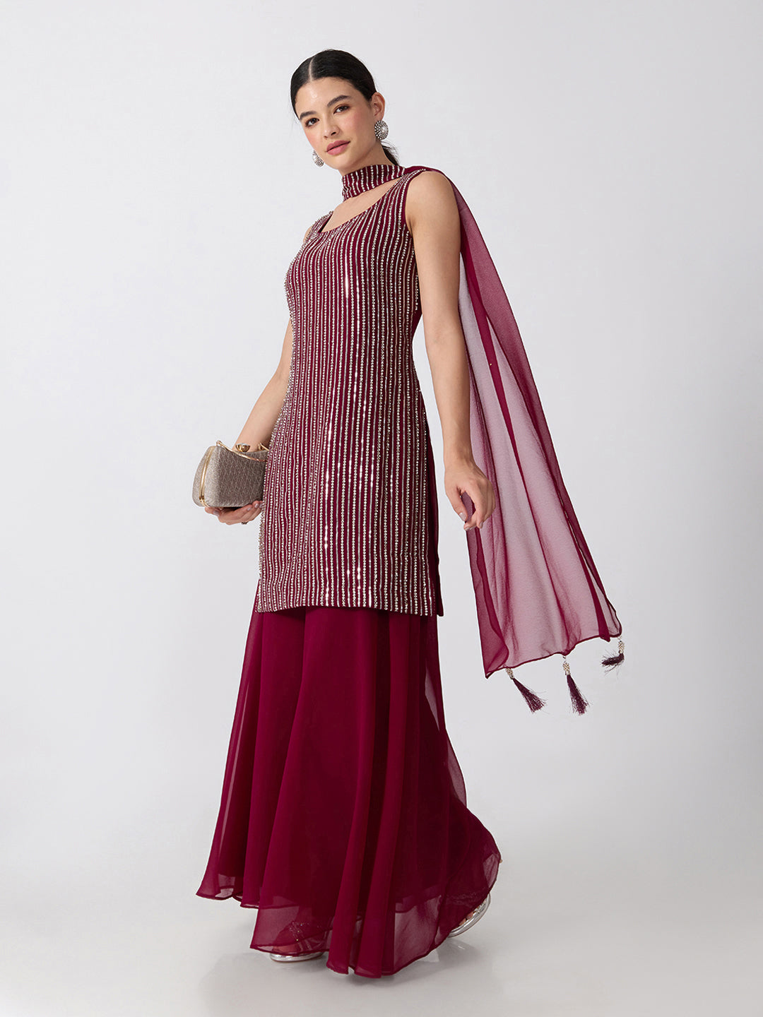 Women’s Embellished Purple Straight Kurta Set with Sequins, Palazzo Pants and Dupatta