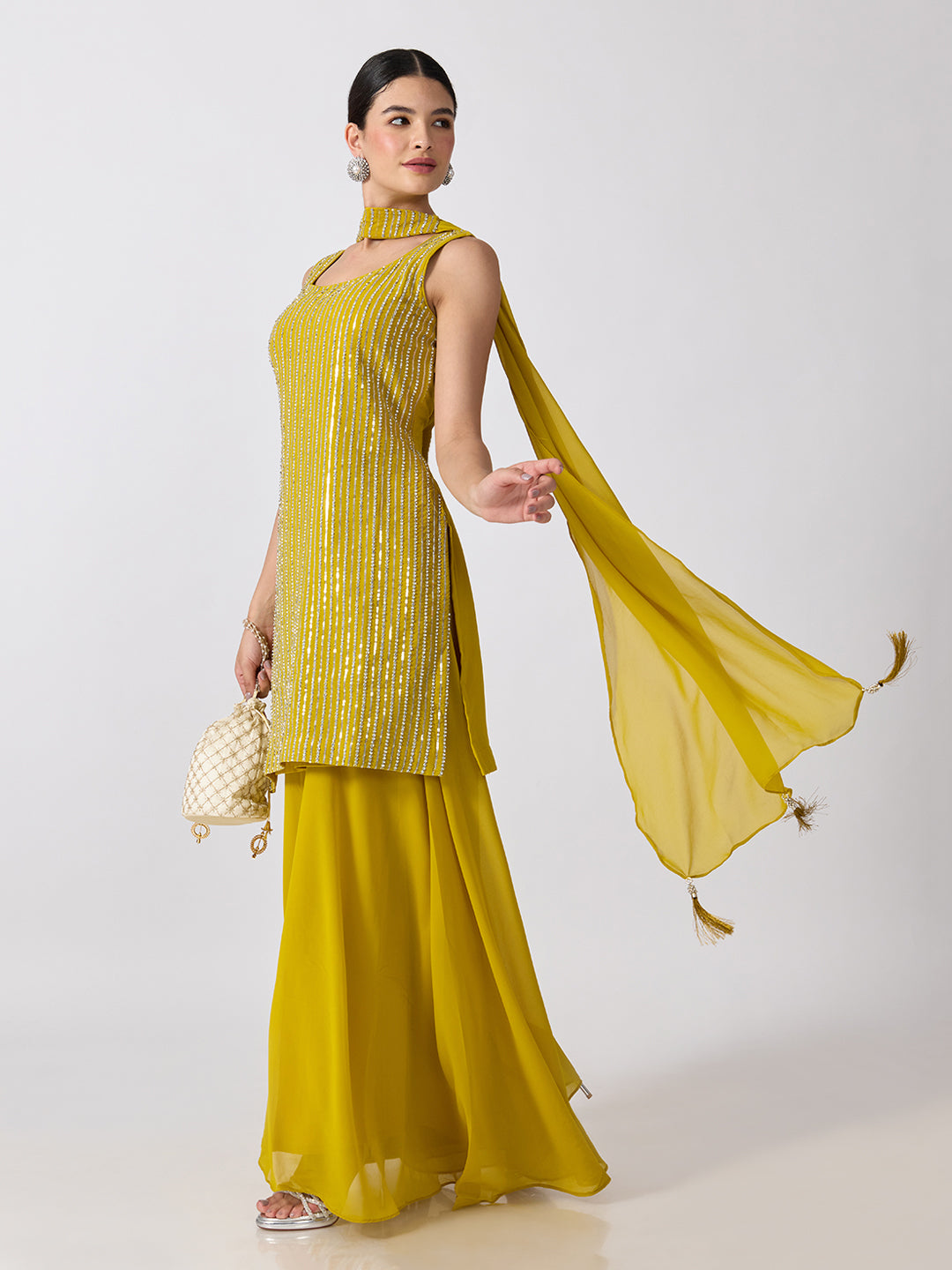 Women’s Embellished Yellow Straight Kurta Set with Sequins, Palazzo Pants and Dupatta