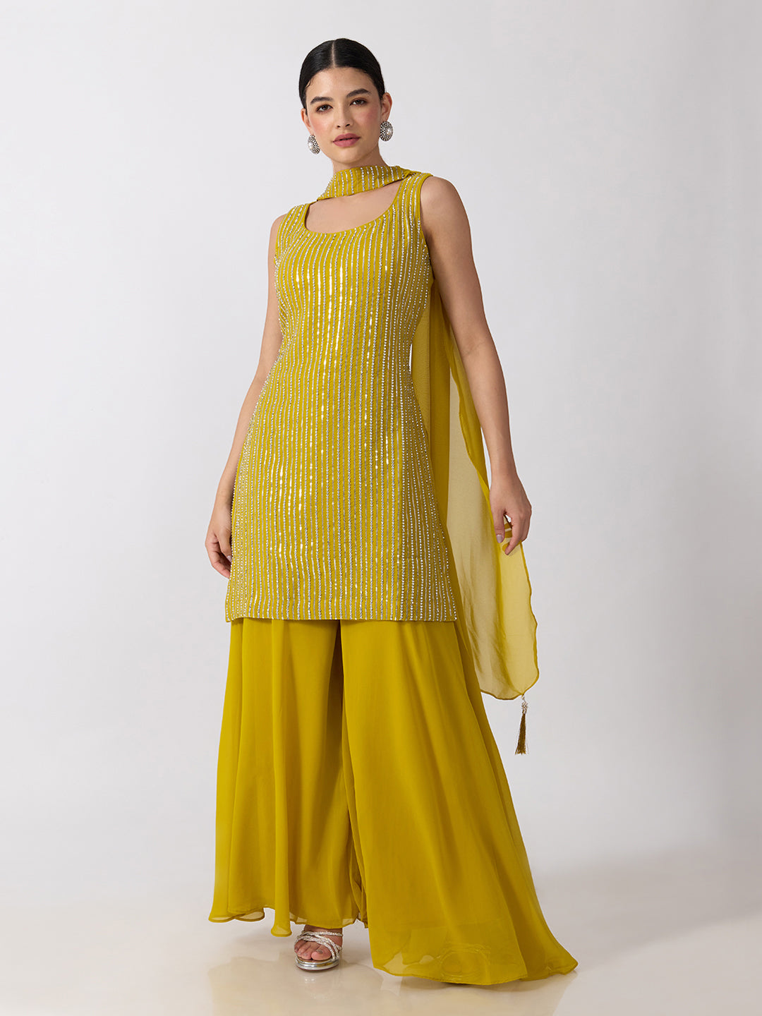 Women’s Embellished Yellow Straight Kurta Set with Sequins, Palazzo Pants and Dupatta