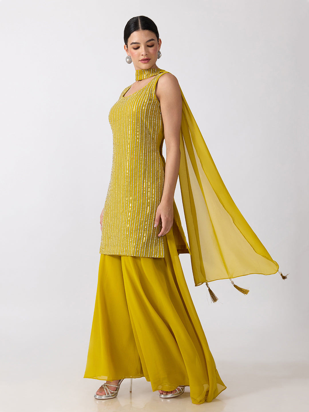 Women’s Embellished Yellow Straight Kurta Set with Sequins, Palazzo Pants and Dupatta