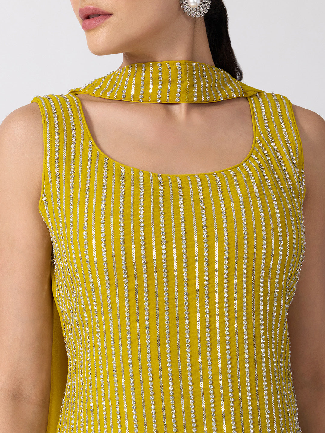 Women’s Embellished Yellow Straight Kurta Set with Sequins, Palazzo Pants and Dupatta