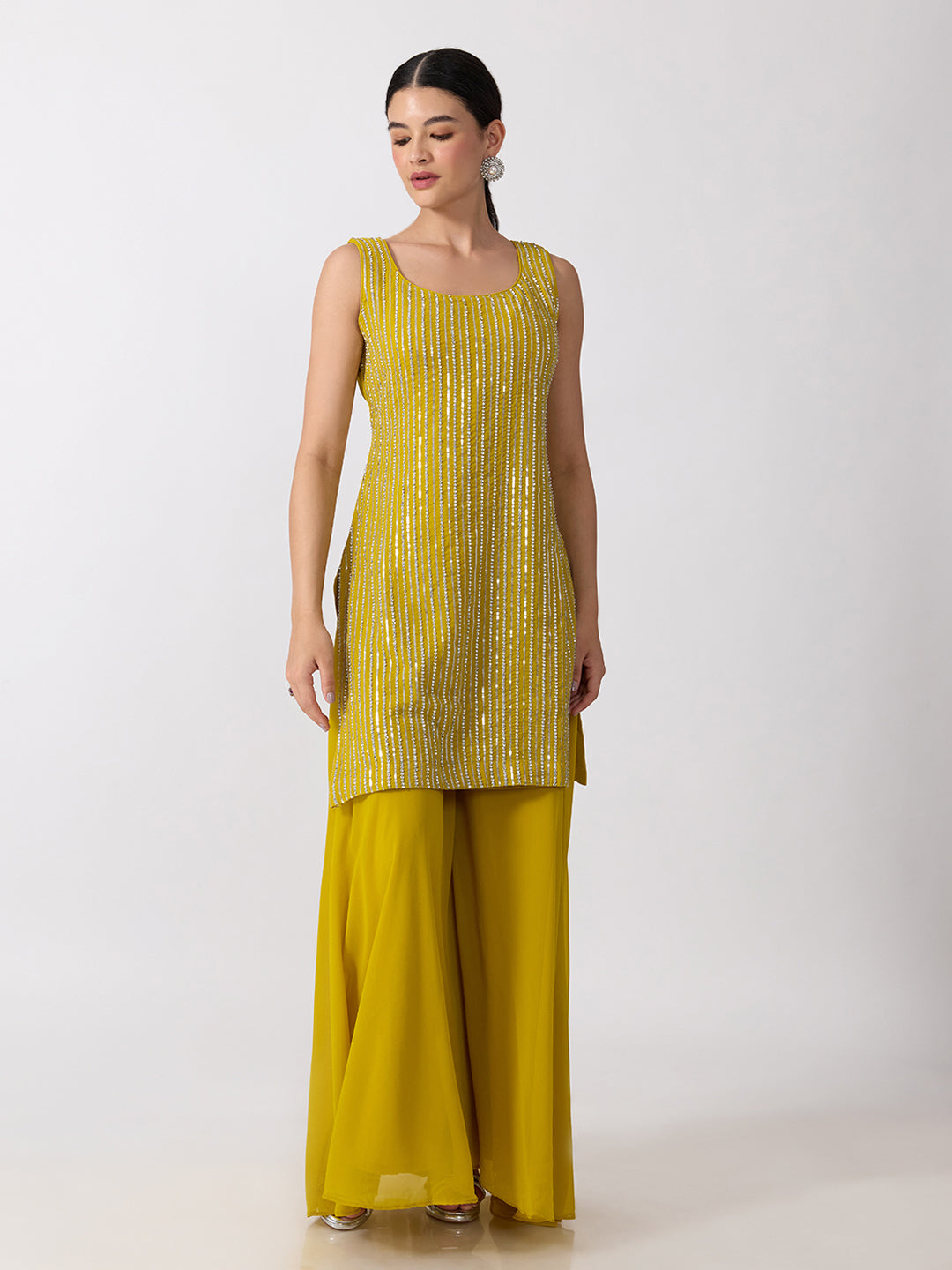 Women’s Embellished Yellow Straight Kurta Set with Sequins, Palazzo Pants and Dupatta