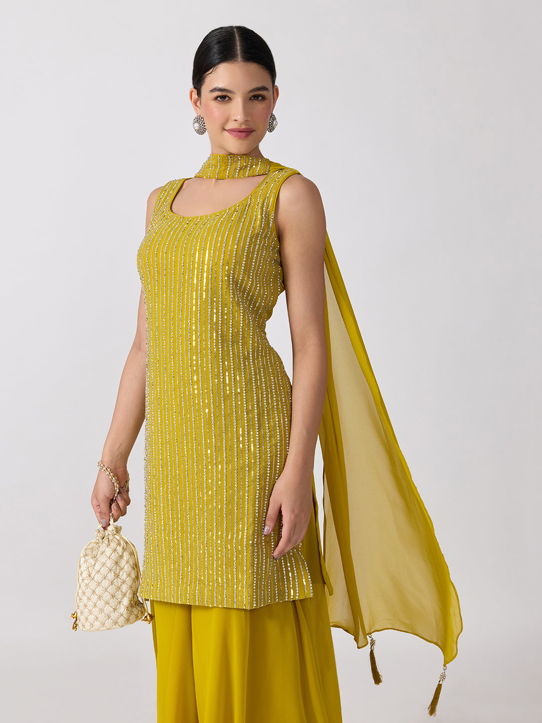 Women’s Embellished Yellow Straight Kurta Set with Sequins, Palazzo Pants and Dupatta