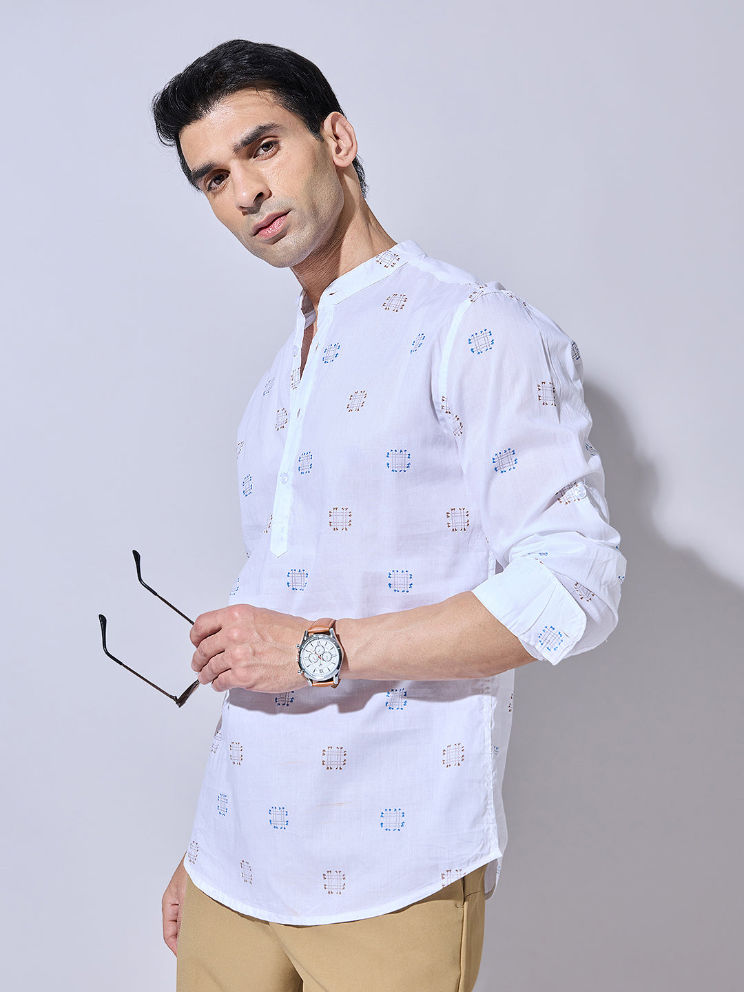 Men's Printed White Casual Mandarin Collar Shirt