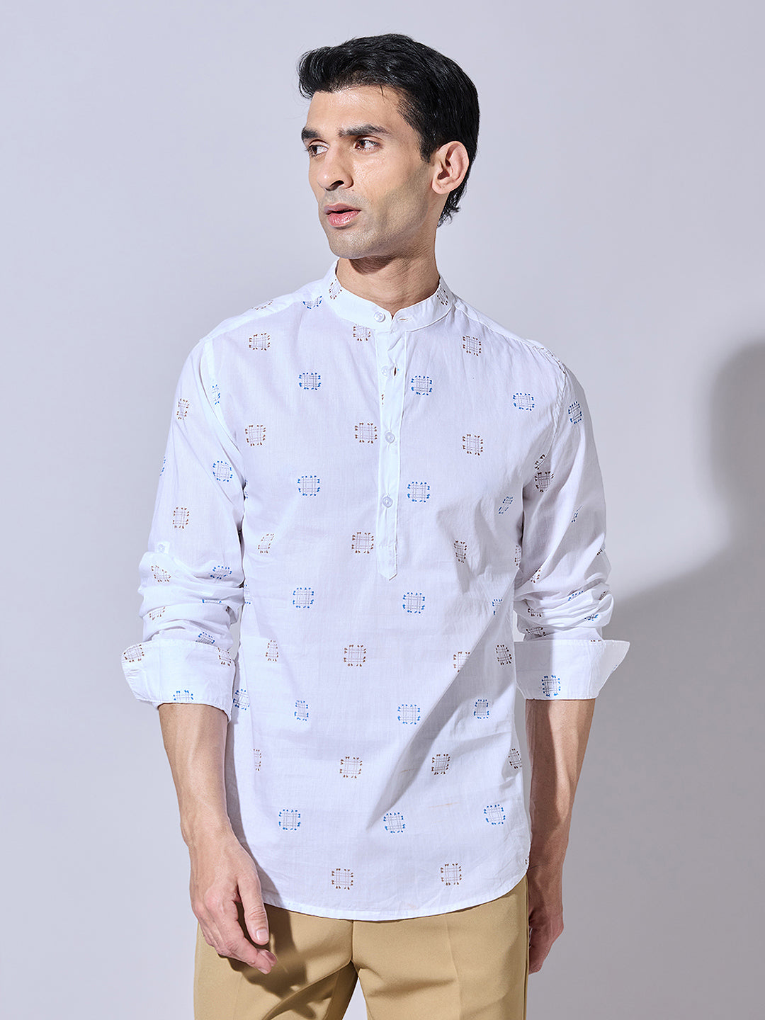 Men's Printed White Casual Mandarin Collar Shirt