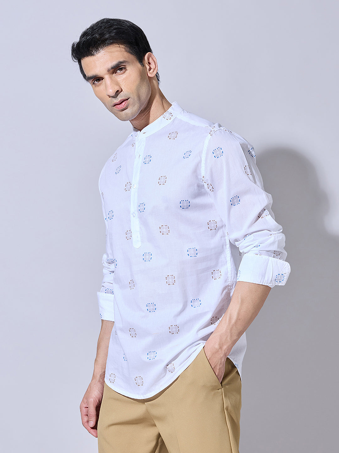 Men's Printed White Casual Mandarin Collar Shirt