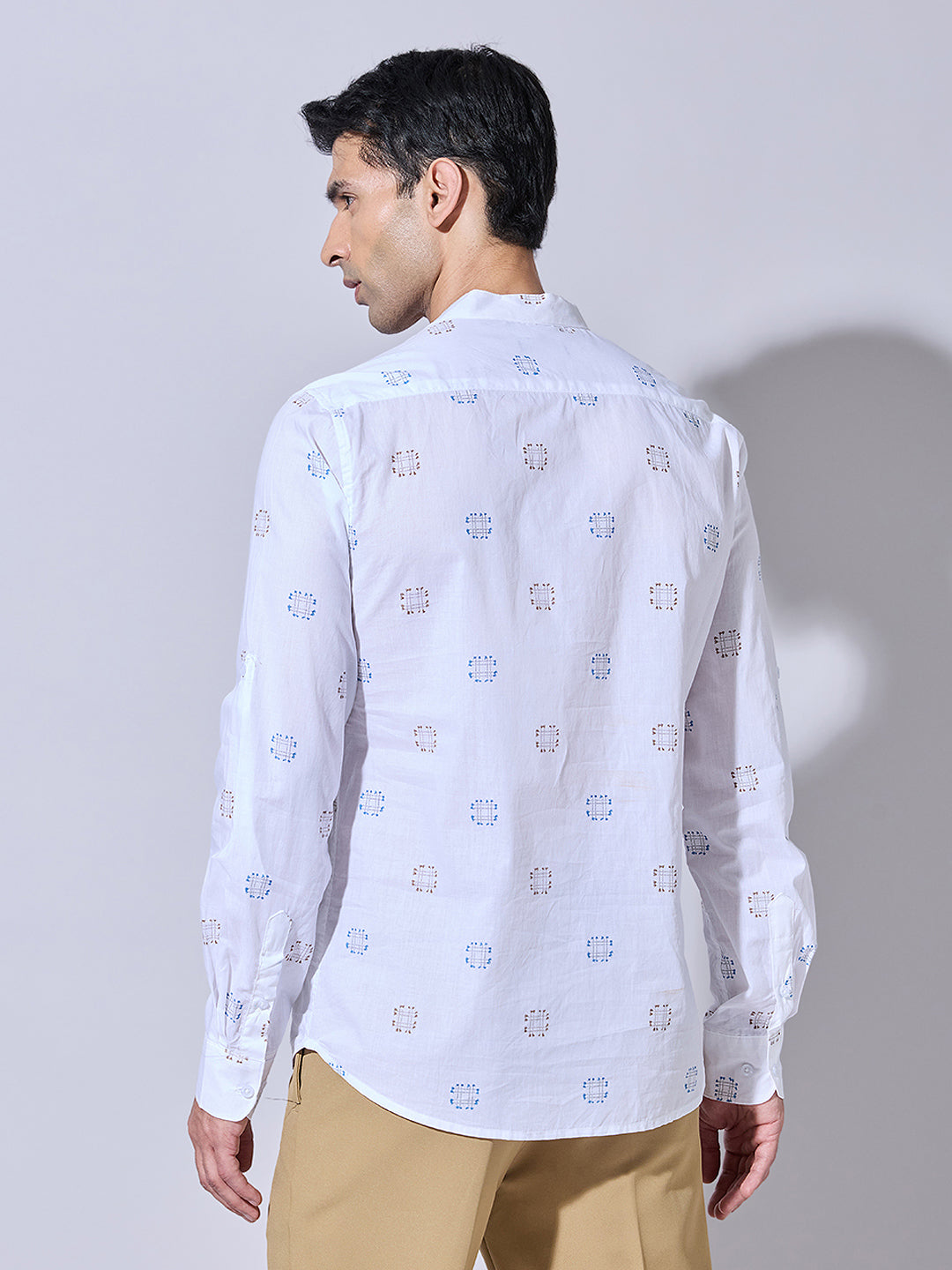Men's Printed White Casual Mandarin Collar Shirt