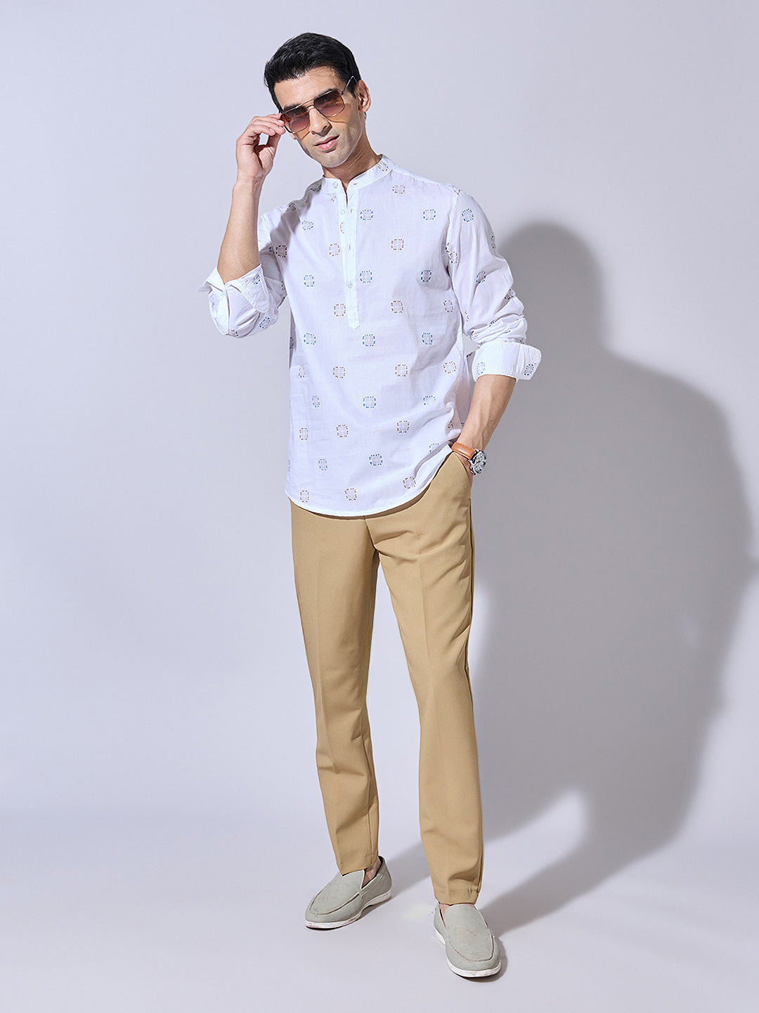 Men's Printed White Casual Mandarin Collar Shirt