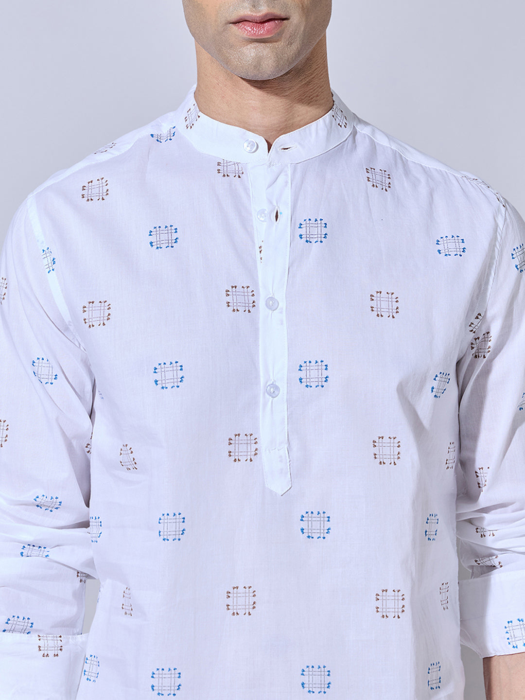 Men's Printed White Casual Mandarin Collar Shirt