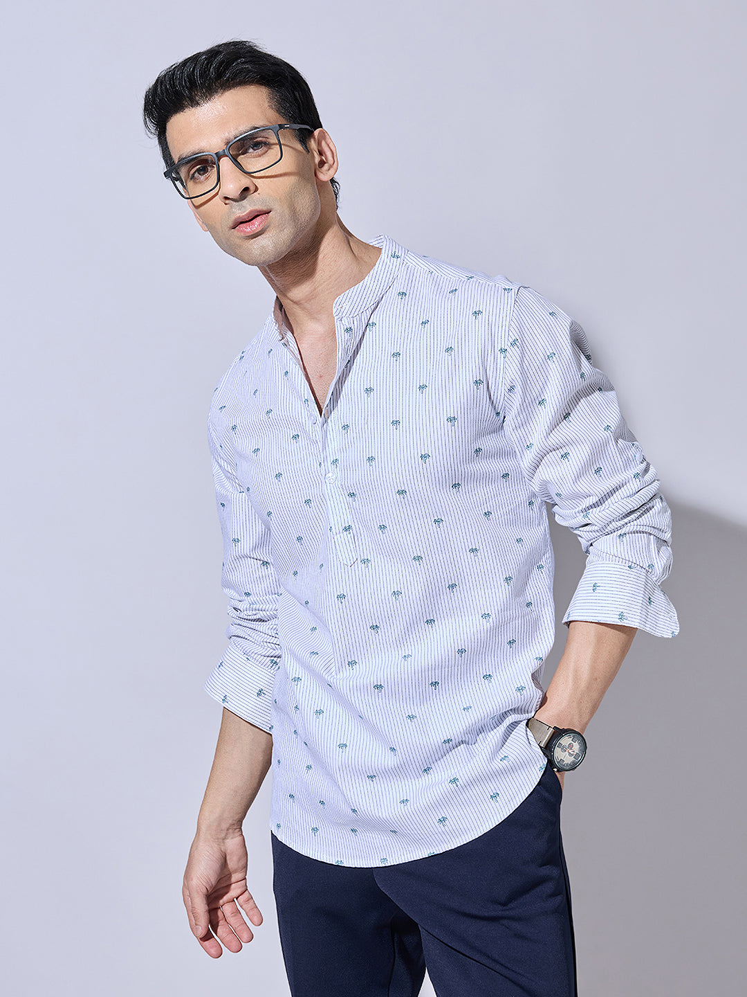 Men's Printed White Mandarin Collar Shirt