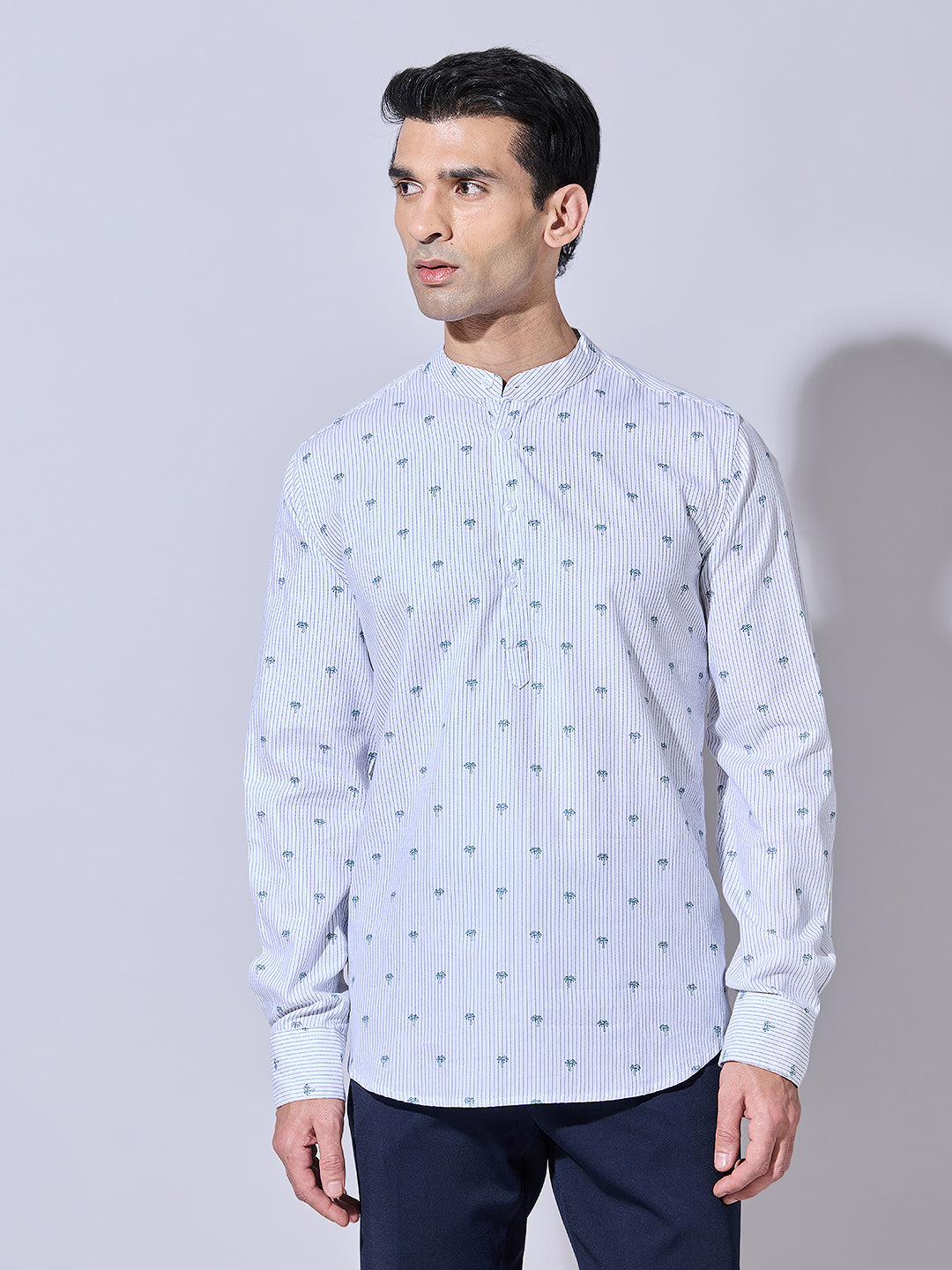Men's Printed White Mandarin Collar Shirt