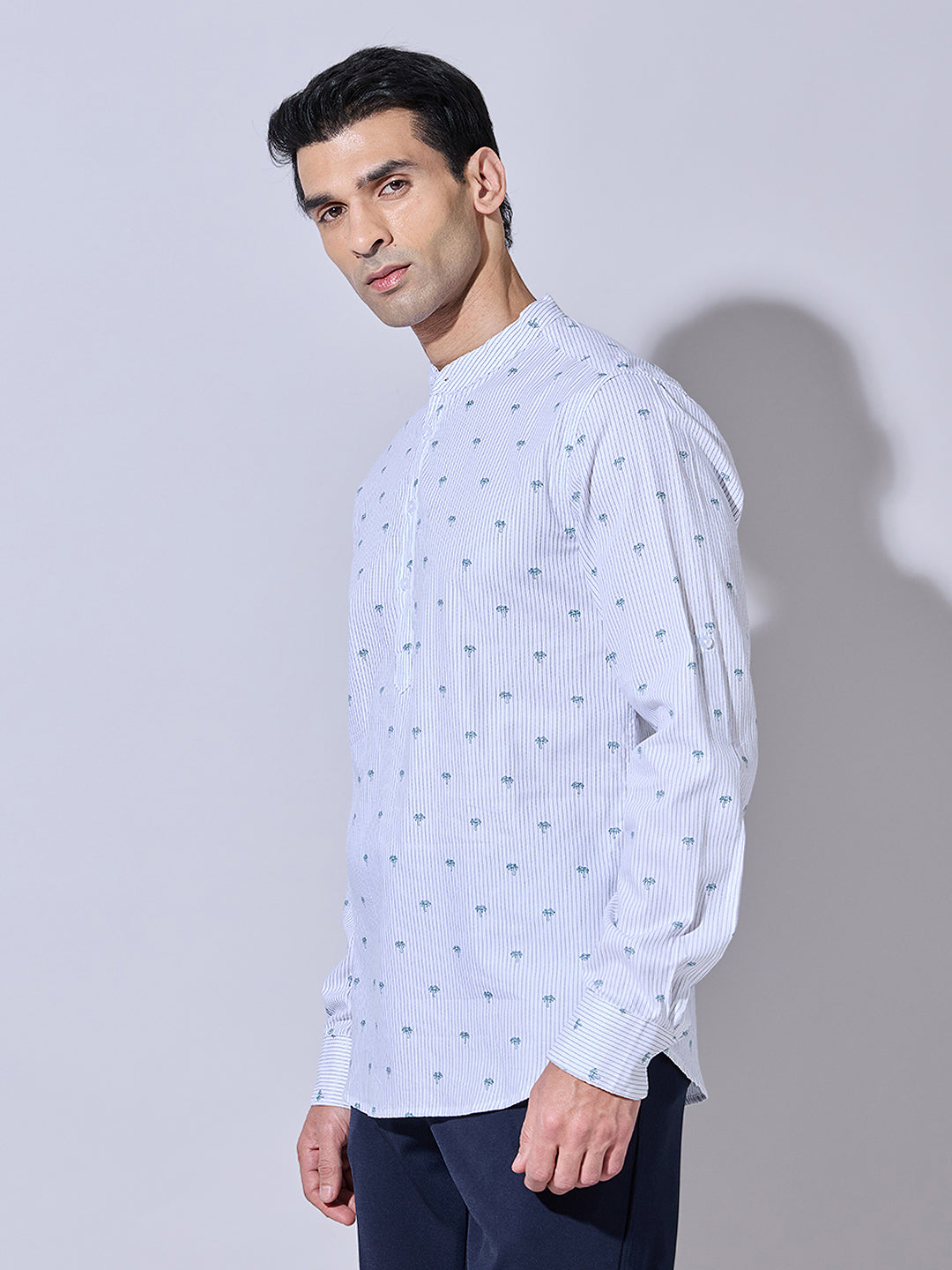 Men's Printed White Mandarin Collar Shirt