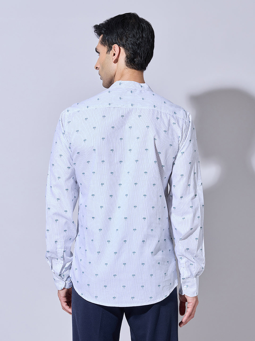 Men's Printed White Mandarin Collar Shirt