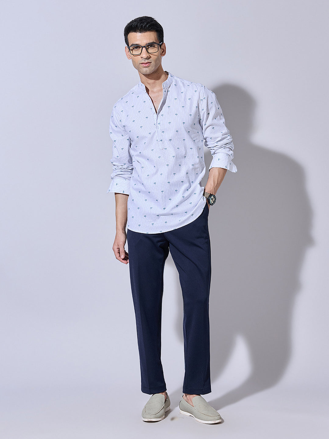 Men's Printed White Mandarin Collar Shirt