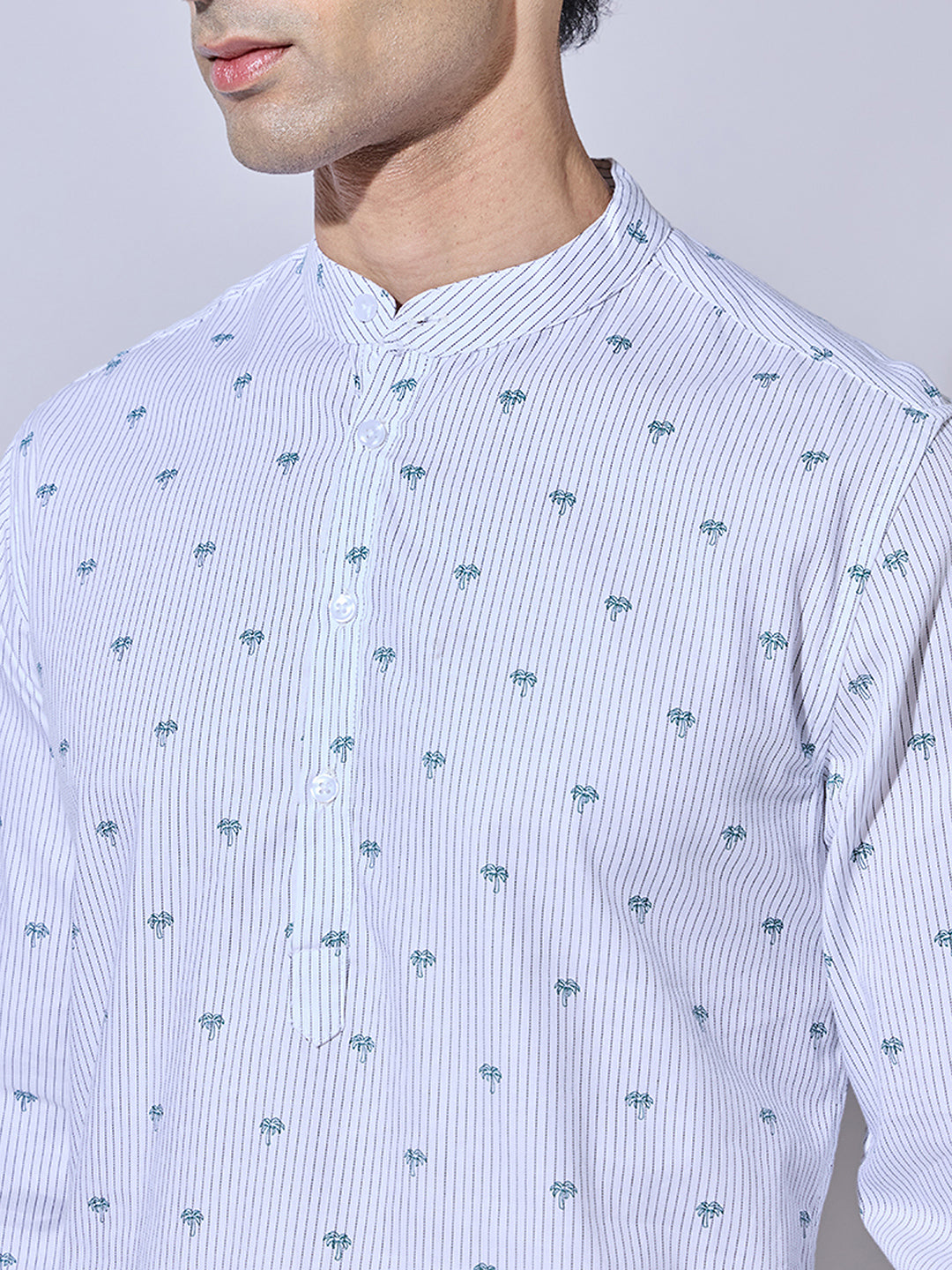 Men's Printed White Mandarin Collar Shirt