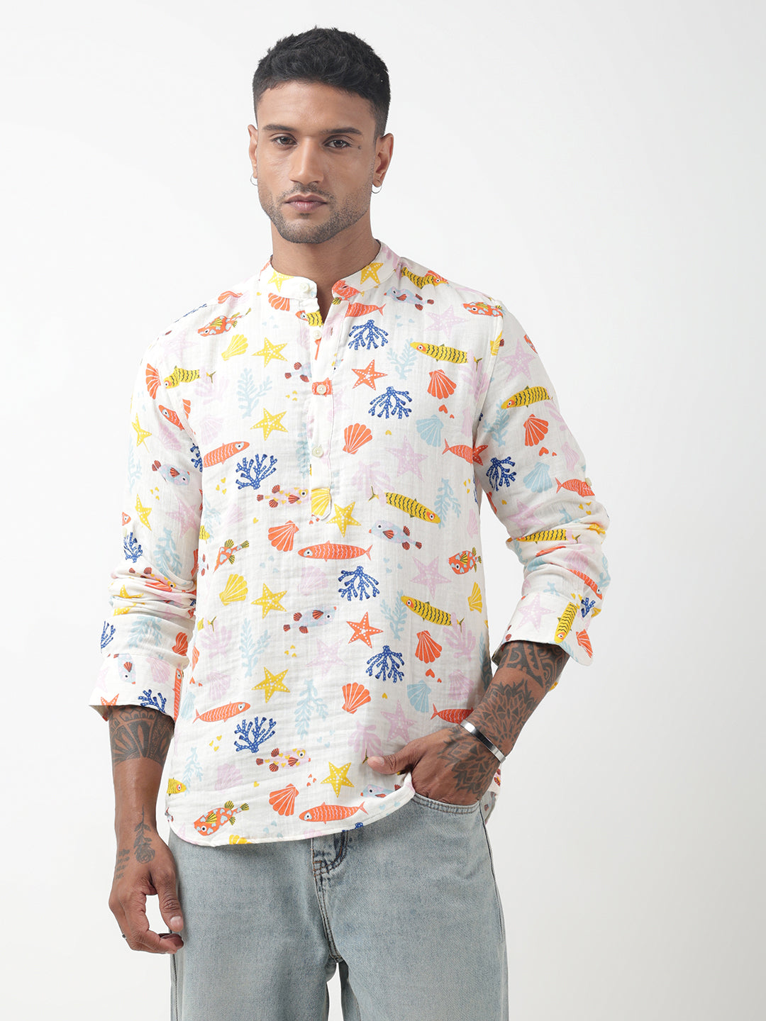 Men's Printed Multi Mandarín Collar Shirt
