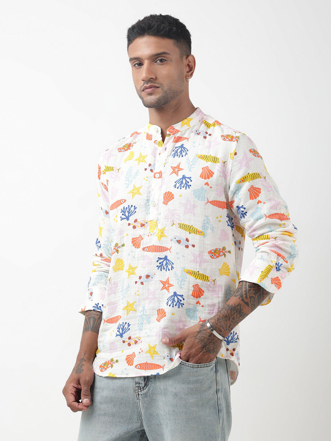 Men's Printed Multi Mandarín Collar Shirt