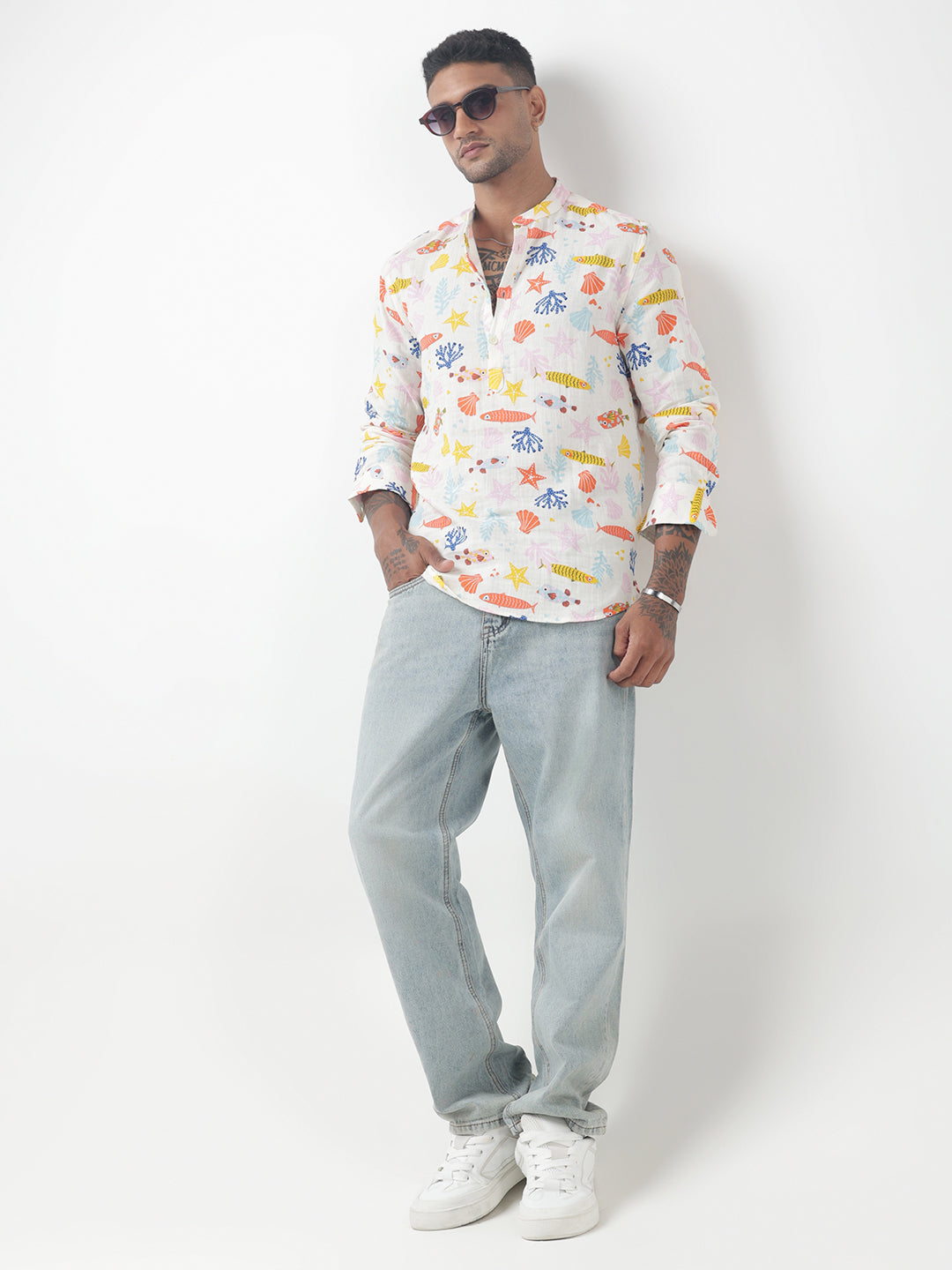 Men's Printed Multi Mandarín Collar Shirt