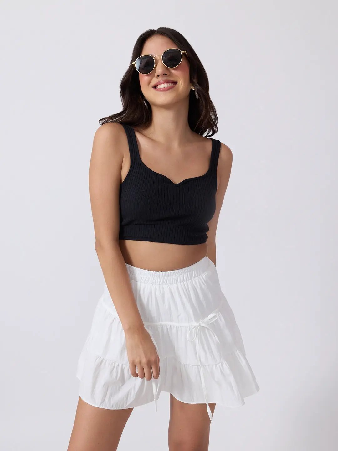 Women's White Tiered Mini Skirt with Bow Tie Up Details & Elasticated Waist