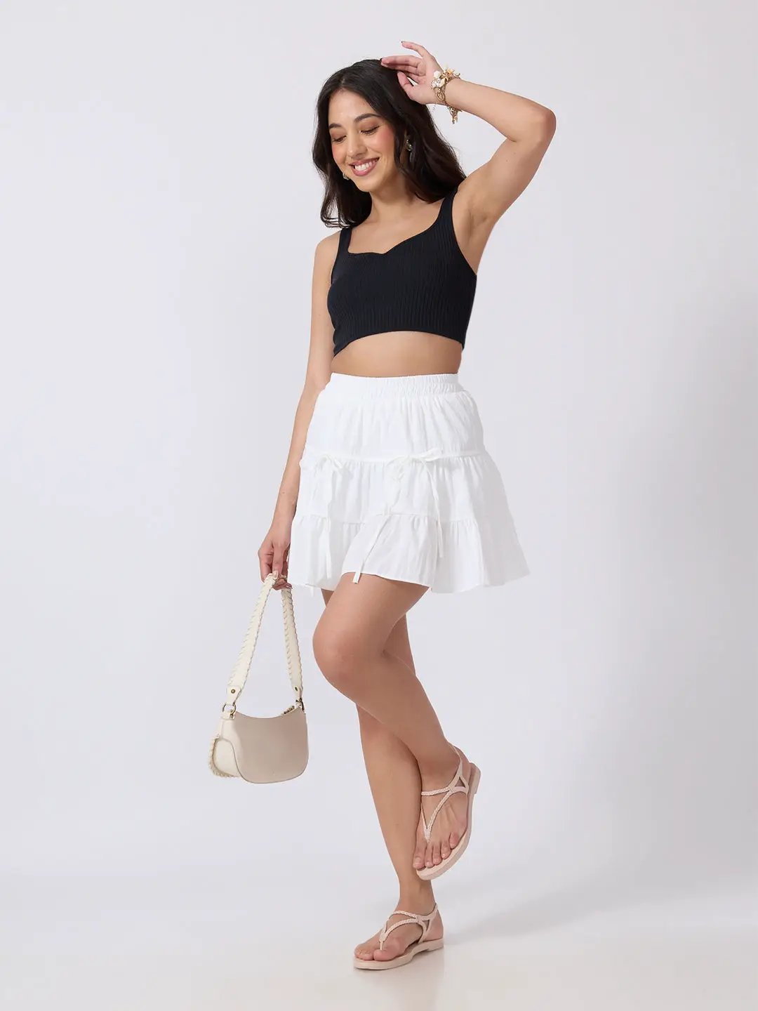 Women's White Tiered Mini Skirt with Bow Tie Up Details & Elasticated Waist