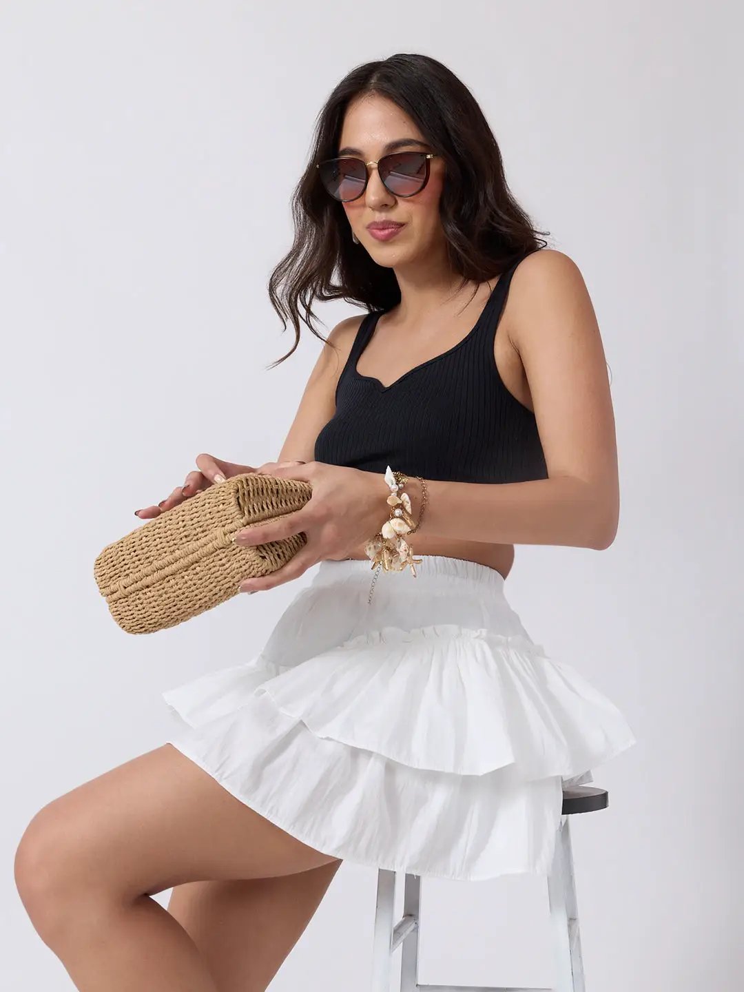 Women's White Layered Ruffle Mini Skirt with Elasticated Waist