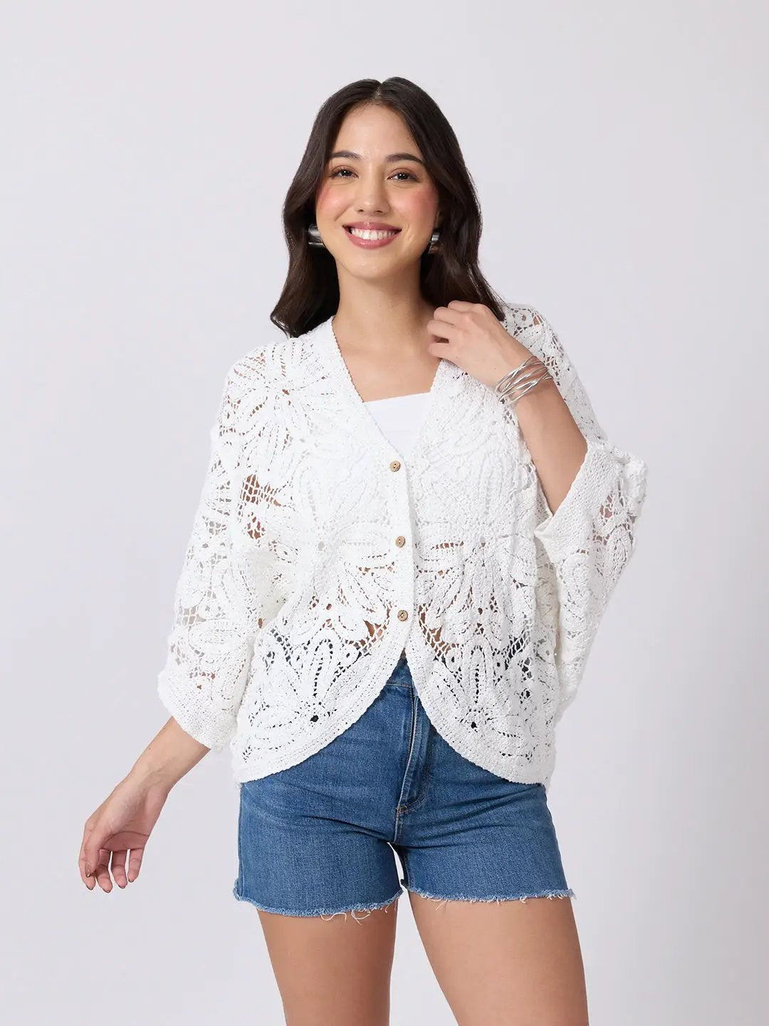 Women's White Floral Crochet Top